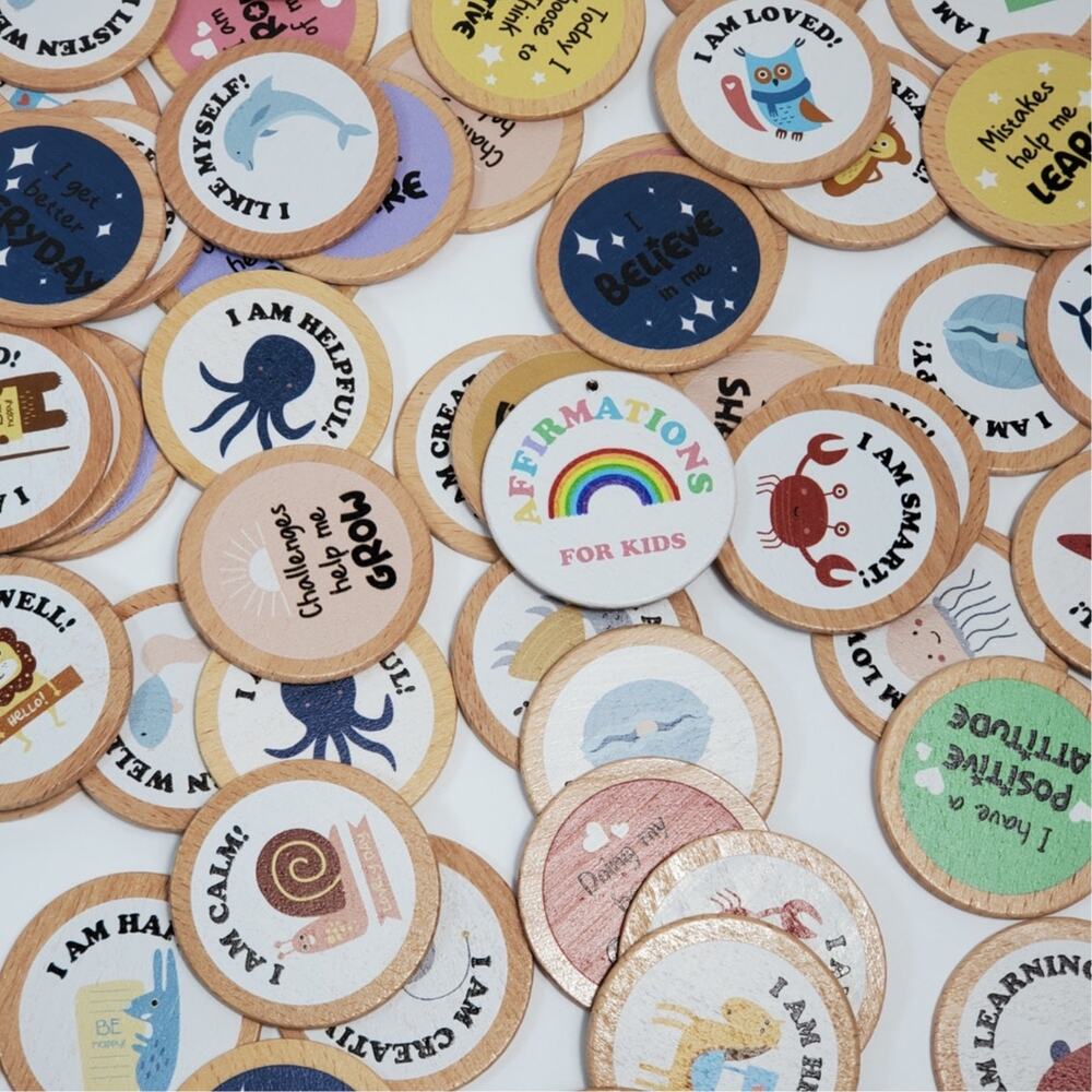 80 Affirmation Wooden Chips Kids Motivational Cards Forest Ocean Animals